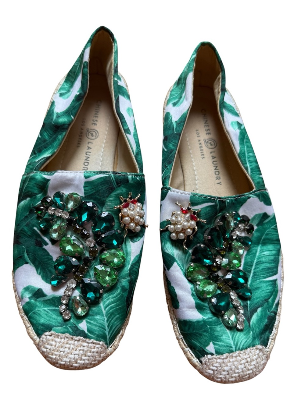 Chinese Laundry Green Tropical Leaf Jeweled Espadrilles